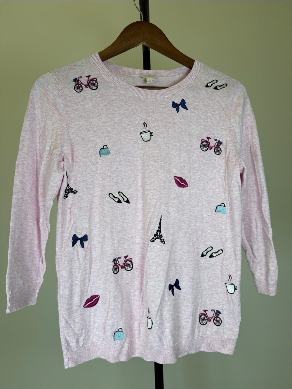 Talbots Paris Embroidered Novelty Sweater Pink Crew Neck 3/4 Sleeve | Size S